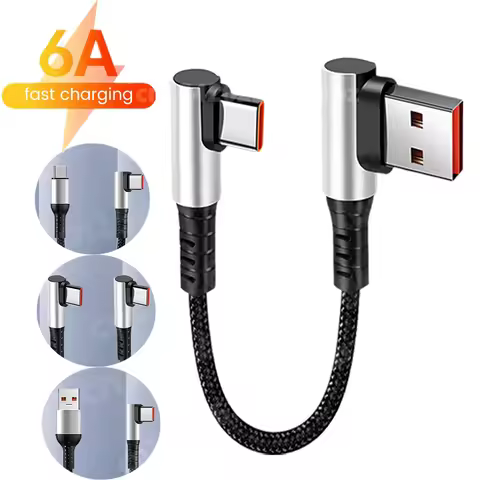 6A 0.25/0.5M Short Charge Cable 90 Degree Elbow USB A Type C to Type C Fast Charging Data Cord for i