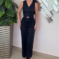 Loose Striped Vest Suit Pants Set, Navy Blue Ladies Suit Two Pieces, Office Wear Women Set, Old Mone