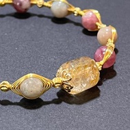 手工金屬繞線 天然石 馬卡龍糖果 碧璽 x 金鈦晶 手鐲