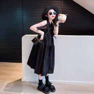3-14Y Váy bé gái mùa hè mới trẻ em lớn váy vest đen trẻ em phong cách Hàn Quốc váy cổ yếm