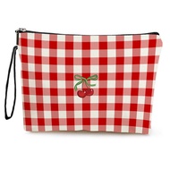 Cherry Printed Plaid Cosmetic Bag Outdoor Portable Storage Bag Student Pencil Bag Home Zipper Toilet