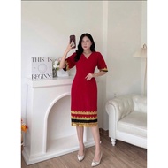 BORNEO DRESS RED  BORNEO DRESS WITH TATING RED DRESS DRESS WITH GOLD LACE KAAMATAN OUTFIT V NECK DRE