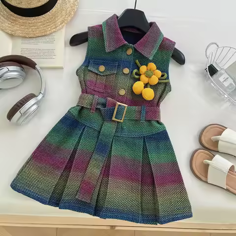 Girls Sleeveless Denim Dress 2026 New Girls Colorful Denim Dress Thin Summer Gradient Turn-down Coll