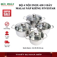 Set Of 4 Stainless Steel Pots With 3 Bottoms Fivestar Glass Lid Heat Resistant, All Types Of gas Stoves, Magnetic, Infrared,