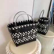 1pcs Bohemian Style Straw Woven Tote Bag Large Capacity Summer Beach Bag Fashion Checkerboard Handba