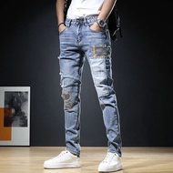 straight cut jeans levis 501 original Seluar jeans berwarna terang, tampalan trend lelaki, seluar pengemis, gaya Korea musim panas, seluar pendek langsing