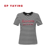 เสื้อยืดคอกลมแขนสั้นทรงสลิมฟิตผ้าคอตตอนลายทางสีดำขาว EP YAYING ฤดูใบไม้ผลิ 2025 แฟชั่นผู้หญิง ลำลอง