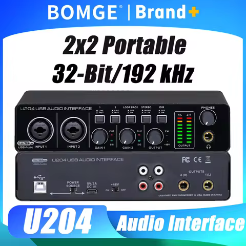 BOMGE U204 USB 2x2 Guitar Audio Interface for PC Computer Recording Music 32Bit/192kHz with 48V Phan