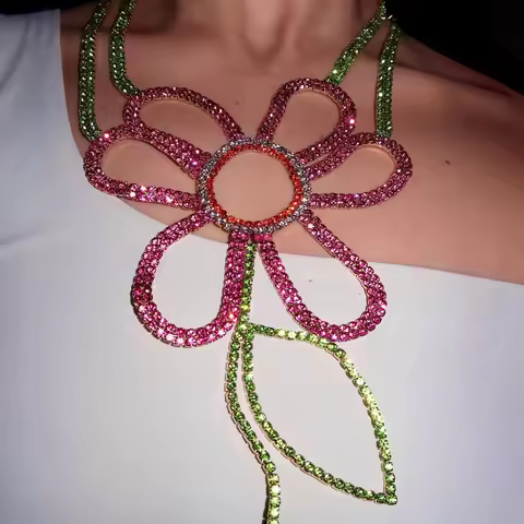 2024 Colorful Flower Exaggerate Necklace Choker Wedding for Women Statement Collar Hollow Rhinestone
