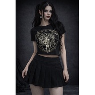Dark Gothic Y2K Elf Skull Print Cropped T-Shirt