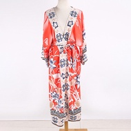 2023 Boho พิมพ์ Pareo Cardigans Robe De Plage V คอ Waistbelt Kimono ชุดว่ายน้ำที่คลุม Ups ขนาดพิเศษ