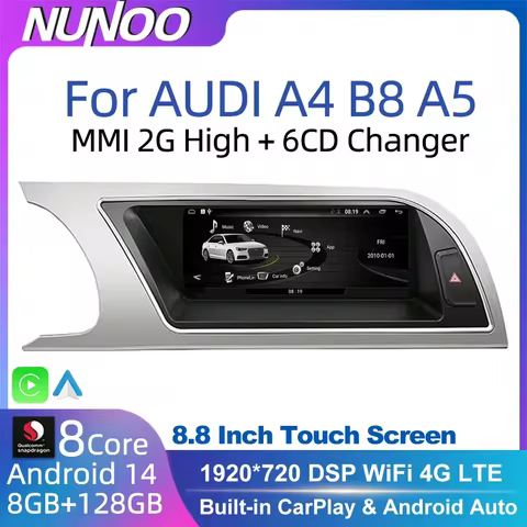 Android 14 8+128GB CarPlay For Audi A4 B8 A5 2008 2009 2010 MMI 2G High CD Changer Car Multimedia Pl