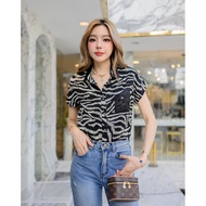 F15 Short-Sleeved Shirt With Tiger Pattern And Glass Collar