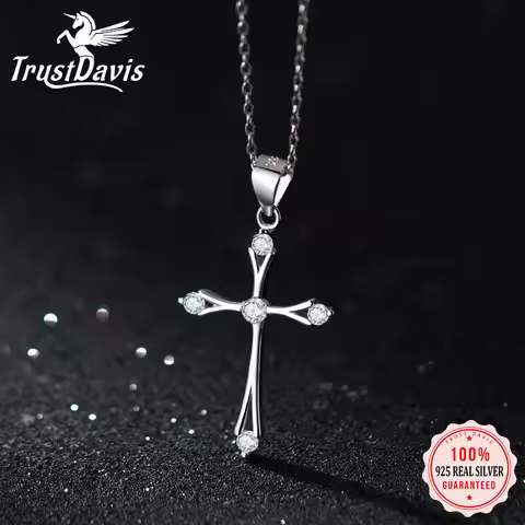 TrustDavis Real 925 Sterling Silver Charm Necklace Cross Pendant Birthday Gift for Women Daughter Fi