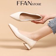 Giày nữ đế vuông mũi nhọn [da thật] mềm mại cao gót bít mũi 3 phân s600 big size màu đen be trắng FF