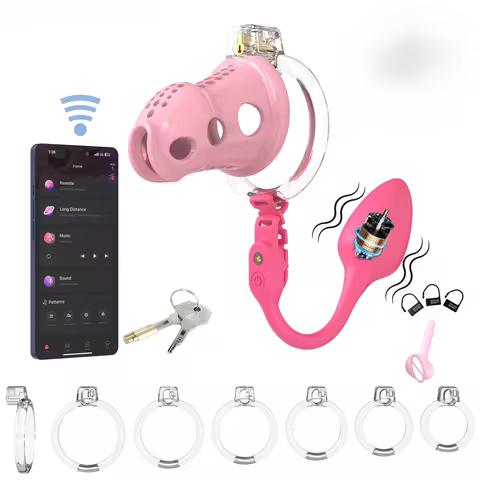 Soft PVC Cobra Anal Vibrator with Chastity Belt Cock Cage with 6 Rings Feminization Catheter Plug Er