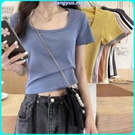 8 COLORS Women Solid Color Crop Top Square Collar Short Sleeve T-shirt