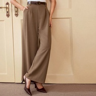 Vintage Elegant Women's Khaki Straight Leg Pants With Belt And Pocket, Fitted Waistline, Autumn/Wint