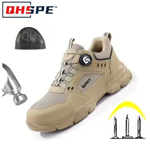 GUYISA Safety Shoes Men Breathable Anti Smash Lightweight Comfortable Khaki Slip Resistant Work Boot