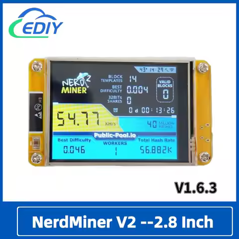 NerdMiner V2 Hashrate, Smart Display, Crypto Solo, Lottery, Nerd Miner, Bitcoin Miner ESP32-2432S028