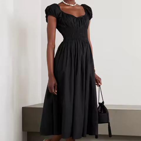 DOEN Quinn Style Women Pleated Midi Dress Elegant Puff Sleeve Smocked Waist Organic Cotton Poplin Ca