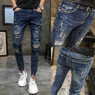 Seluar jeans robek lelaki saiz 27–34, gaya Korea, slim fit, 9-point, jenama trendy