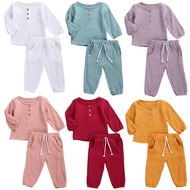 0-5Y Infant Baby Cotton Linen Clothes Autumn New Boys Girls Button Long Sleeve T-shirt Top+Long Pant