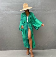 New New Summer Boho Stripe Tie Dye Printed Women Long Beach Kimono Swimsuit Cover Up with Belt Tuni
