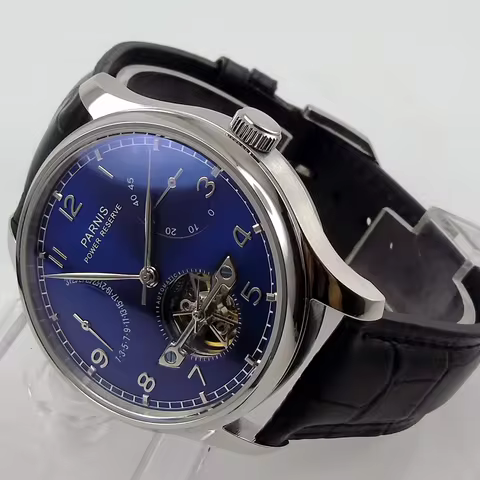 43mm Parnis Blue White Dial Power Reserve Genuine Leather Deployment Clasp Automatic Movement Men's 