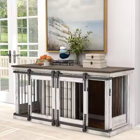 Dog Crate Furniture, 62.5'' Wooden Dogs Crate with Removable Divider, Indoor Dogs Kennel TV Cabinet,