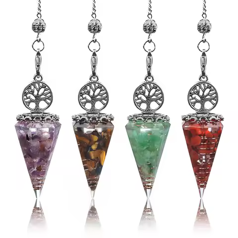 20x52mm Natural Stone Pendulum Necklaces Tree of Life Hexagonal Cone Crushed Stone Amethysts Chakra 