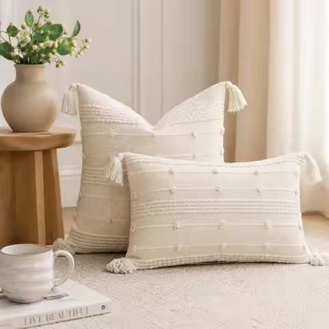 Handwoven Cotton Tassel Pillow Cover 45x45/30x50/30x60cm Boho Textured Knit Cushion Case for Sofa, B