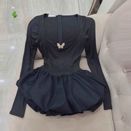 Đầm U Tay Dài Tăm Lạnh Dáng Ngắn Phối Kate Lụa Bí Phồng Xoè Kèm Tag Buom