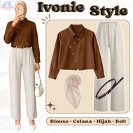 Modern Teenage Outfits (Blouse, Pants, Bella Square, Belt) One Set for Women, Trendy Hangout AS5Q