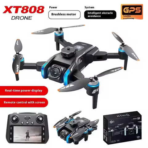 XT808 FPV Drone 4K HD Dual Camera LCD Touch Screen Remote Control Dron GPS Return 360° Obstacle Avoi