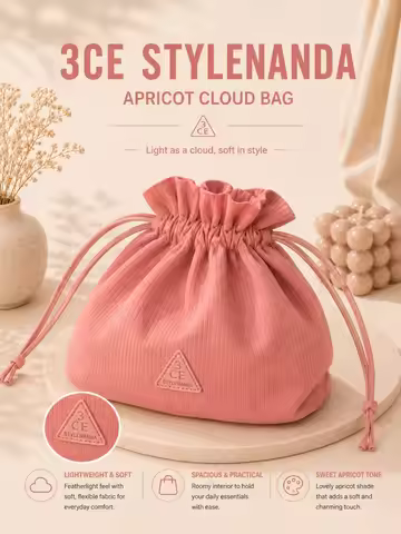 3CE Light Pink Cloud-Shaped Bag Can Hold Various Types of Makeup Tools and Personal Belongings