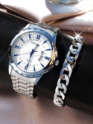 1入組男士銀色不銹鋼錶帶休閒日期圓形錶盤石英手錶和1入組手鍊適合日常生活