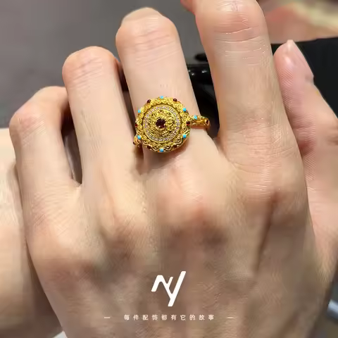 Light luxury 9999 24K real gold palace style rotatable treasure phase flower live ring pure gold han