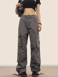 ล้าง Retro American High Street กางเกงทํางานหลายกระเป๋าหลวม Street สไตล์ผู้หญิงหลวมขากว้างกางเกงสบาย
