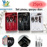 MERAH 25pcs Red/Black White Stainless Steel Plate Knife Fork Spoon Set Steak Knife Fork Plate Gift B