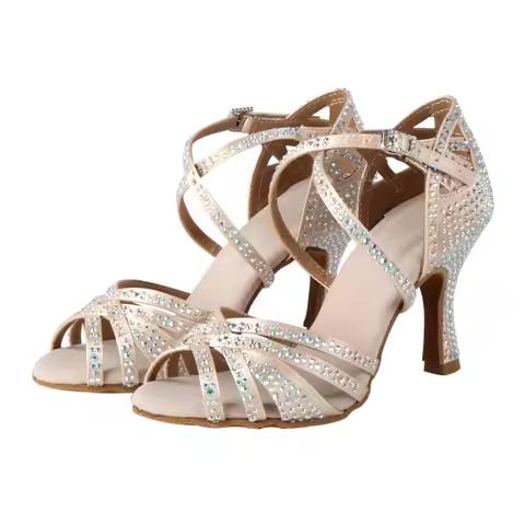 Latin dance shoes with diamonds Apricot black blue adult professional dance shoes Women adult high h