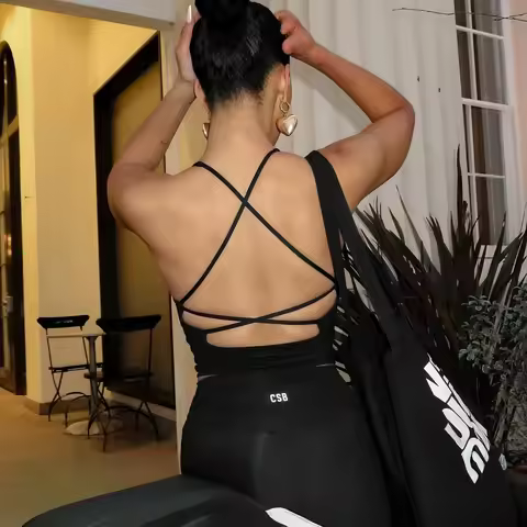 CSB 2Pcs Yoga Set Cross Strap Cami Top + High Waist Shorts/Leggings, Naked Feel Workout Outfit for W