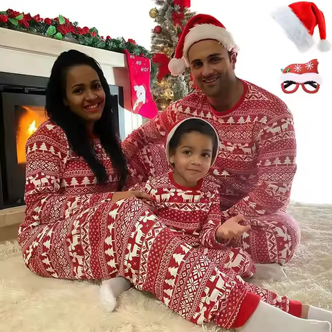 Hot Sall Christmas Family Matching Pajamas Set Vintage Print Xmas Parent-child Loungewear Women's Si