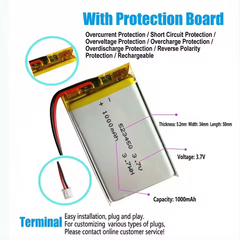 Long-Lasting 3.7V 1000mAh High Capacity Rechargeable Battery 523450 503450 Universal Replacement for