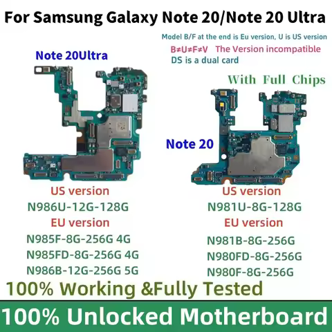 Tested For Samsung Galaxy Note 20 ultra 4G N980F N985F Unlocked Motherboard Note 20 ultra 5G N986B N