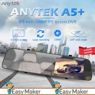 Anytek A5+ Rearview Mirror Dash Cam 4.5" Display DVR Full HD 1080P DashCam Dual Channel Recorder