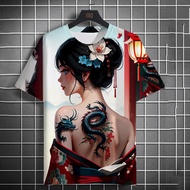 Men's T-shirt 3D Printed Anime Goddess Back Tattoo Print T-shirt Casual Loose Short Sleeved T-shirt 