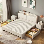 {SG Sales}HDB Storage Bed Frame with Storage Drawers Double Bed Bedframe Queen King Bed Storage Bed Frame Storage Bed Frame with Storage Nordic Solid Wood Bed White Cream Style