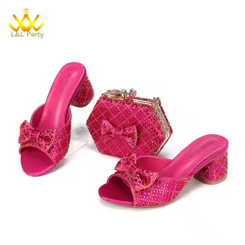 Special New Coming 2025 Autumn New Arrivals Slipper African Women Shoes and Bag Set in fuchsia Color