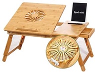 Adjustable Portable Laptop Desk Table, 100% Bamboo with USB Fan Foldable Breakfast Serving Bed Tray w' Drawer Leg Cover, for Surfing Reading Writing Eating